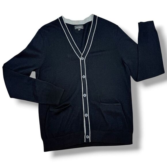 Express Men V Neck Button Up Cardigan Sweater Black Grey Large Preppy Grunge - Picture 12 of 12
